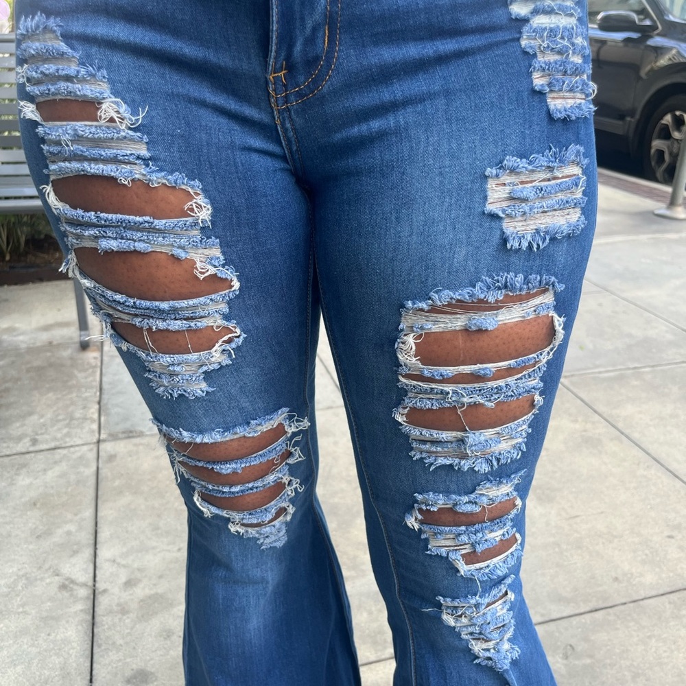 Women's Distressed Flared Blue Bell-Bottom Jeans Denim Pants